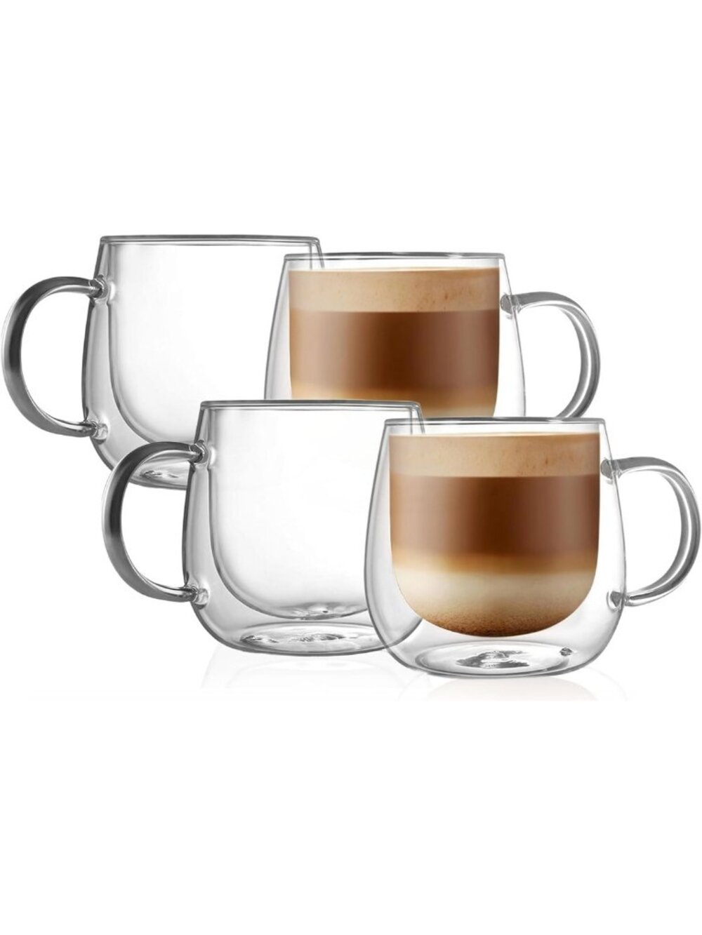 16oz Double Walled Glass Coffee Mugs Set of 4 - Clear Espresso Cups with Handle
